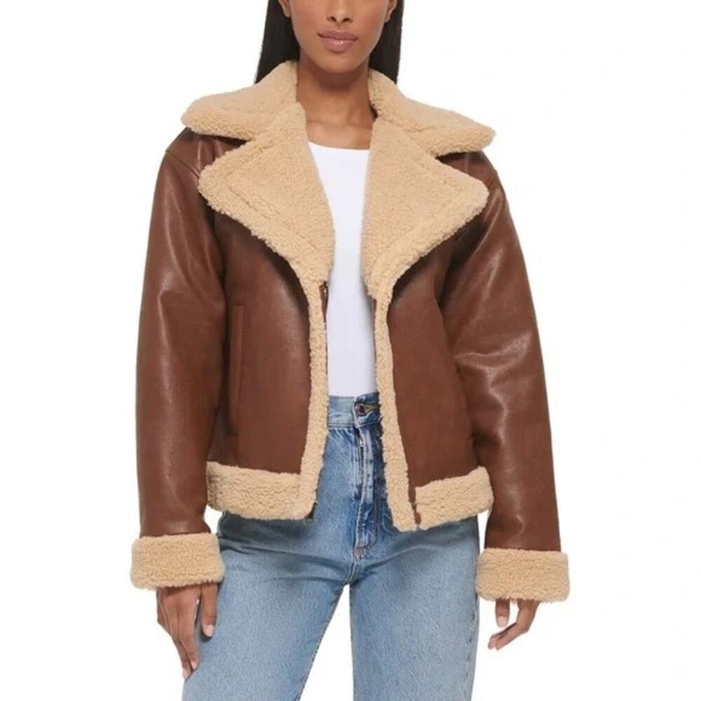 Levi's Women's Brown Faux Leather Sherpa Lined Moto Jacket Size XL NEW